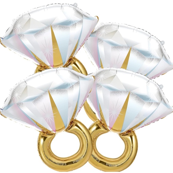 None Other - Diamond Ring Foil Balloons - White and Gold (4 Pack)